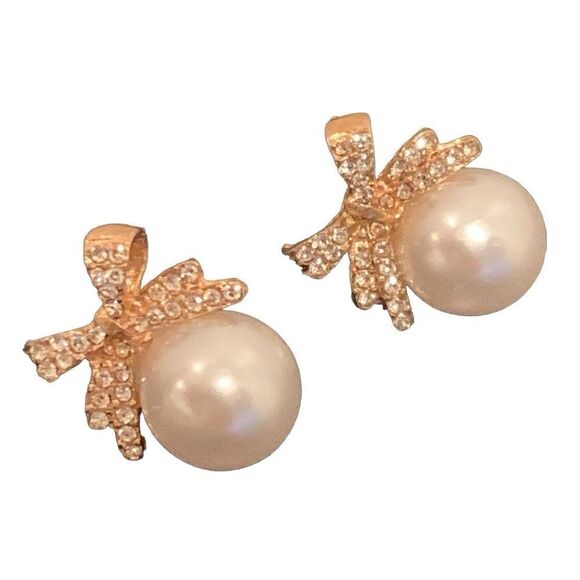 Large Faux Pearl & Gold Bow Crystal Earrings for Teens & Women Vintage Style NEW - Picture 1 of 10